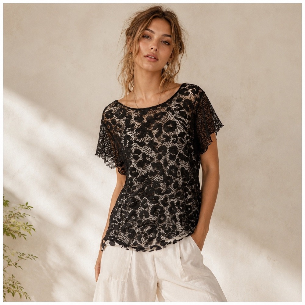 Chico's Lace Mesh Animal Print Top Blouse Women Size L 2 Black Boho Chic Classic